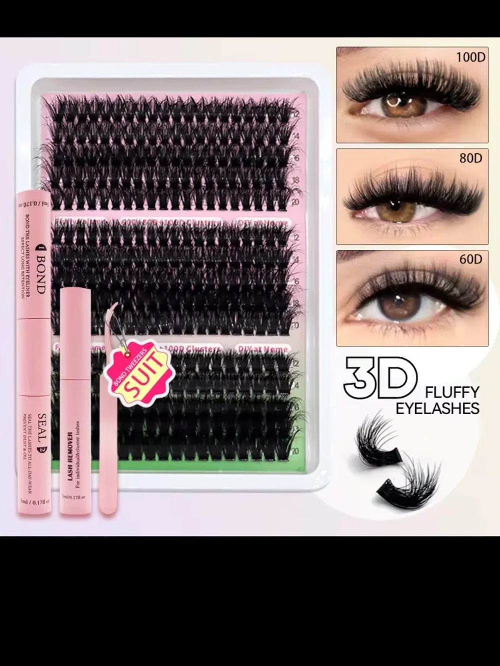 3D Fluffy Cluster Lash Set with Pink Adhesive & Applicator - Black